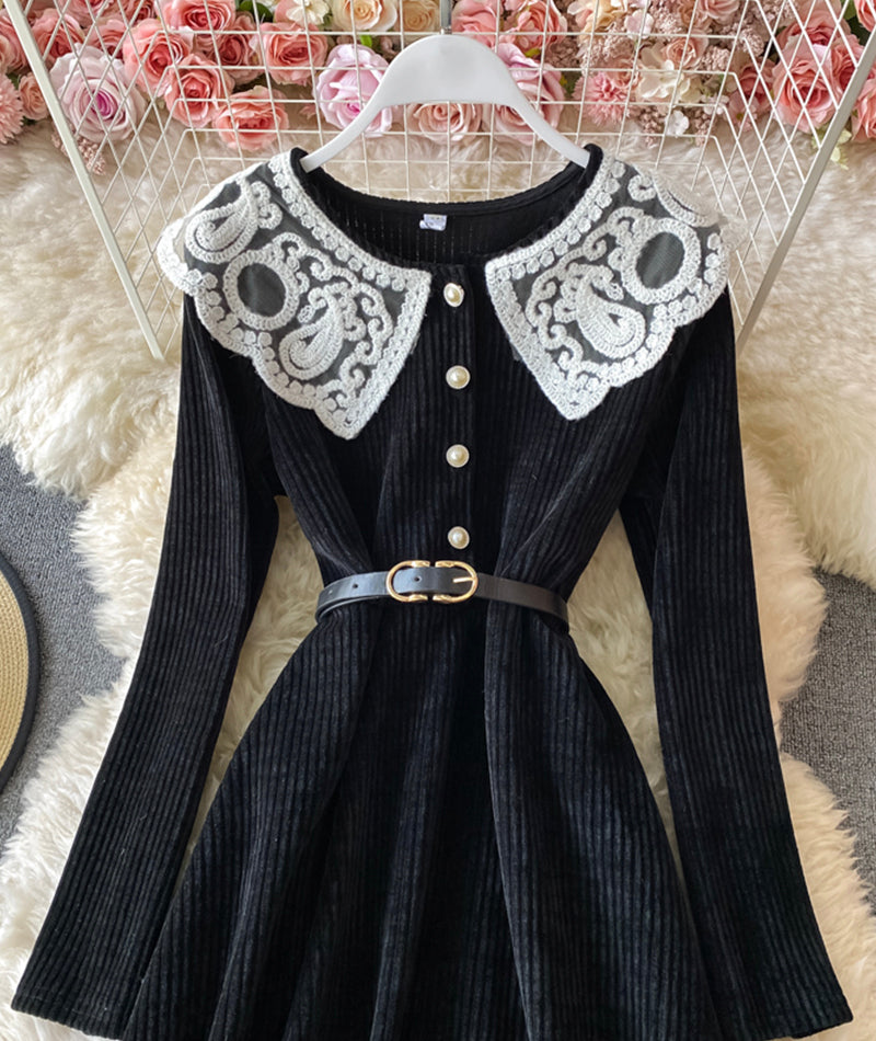 Lovely A line corduroy dress long sleeve lace dress  924