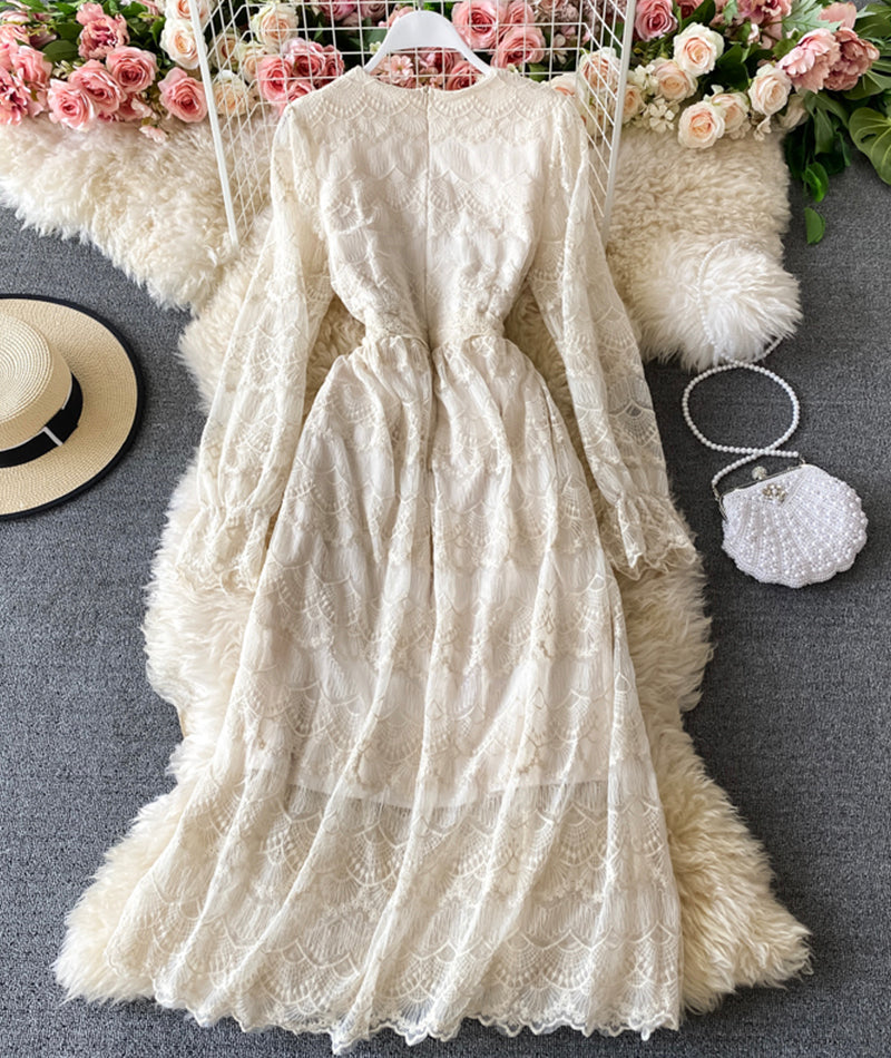 Elegant v neck lace long sleeve dress  966