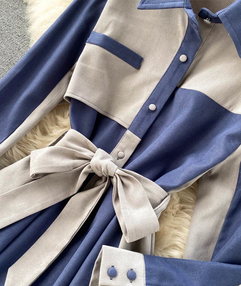 Stylish long-sleeved dress color matching slim dress  951
