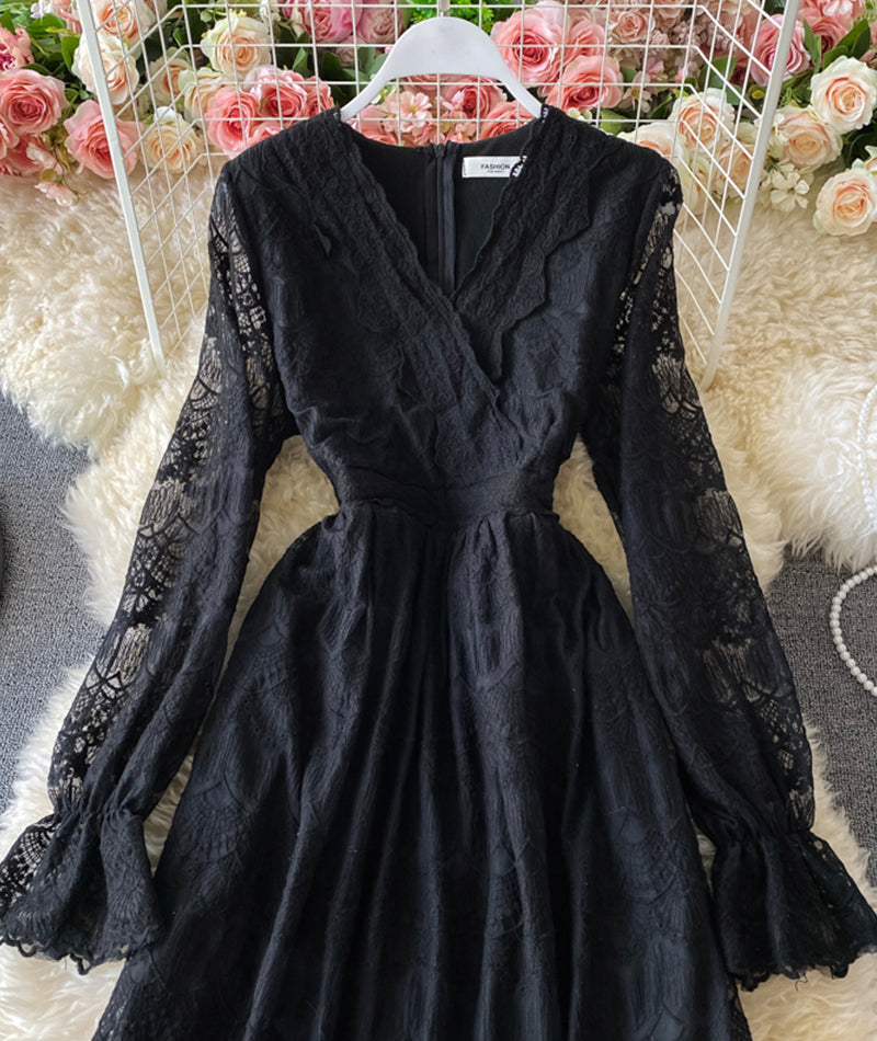 Elegant v neck lace long sleeve dress  966