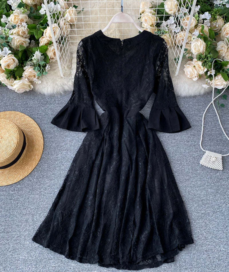 Black A line lace short dress  953