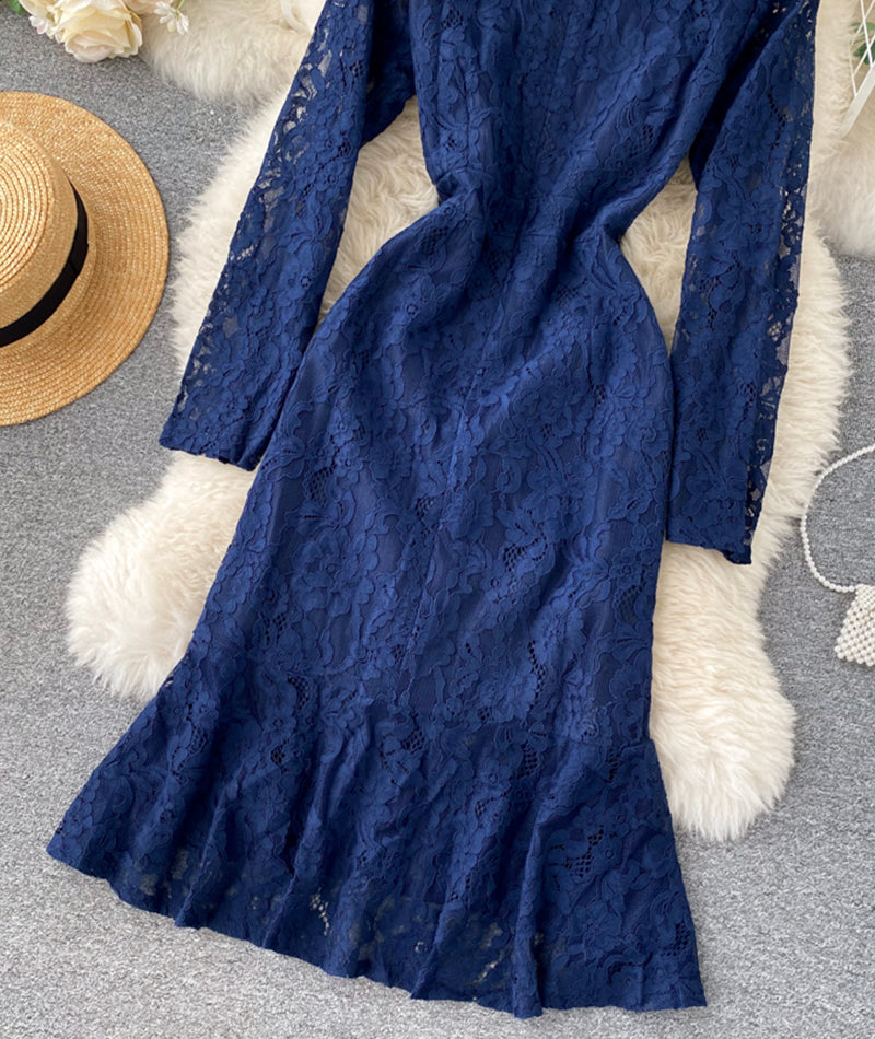 Blue round neck lace short dress long sleeve dress  955