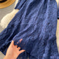 Blue round neck lace short dress long sleeve dress  955