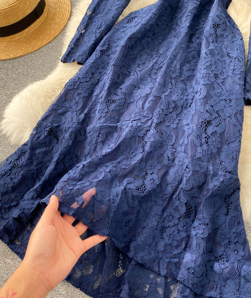 Blue round neck lace short dress long sleeve dress  955