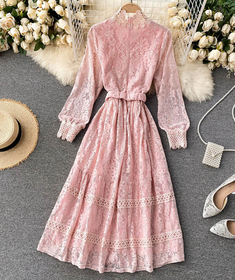 Elegant O-neck lace long sleeve dress  970