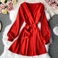 Simple v neck short dress long sleeve dress  956