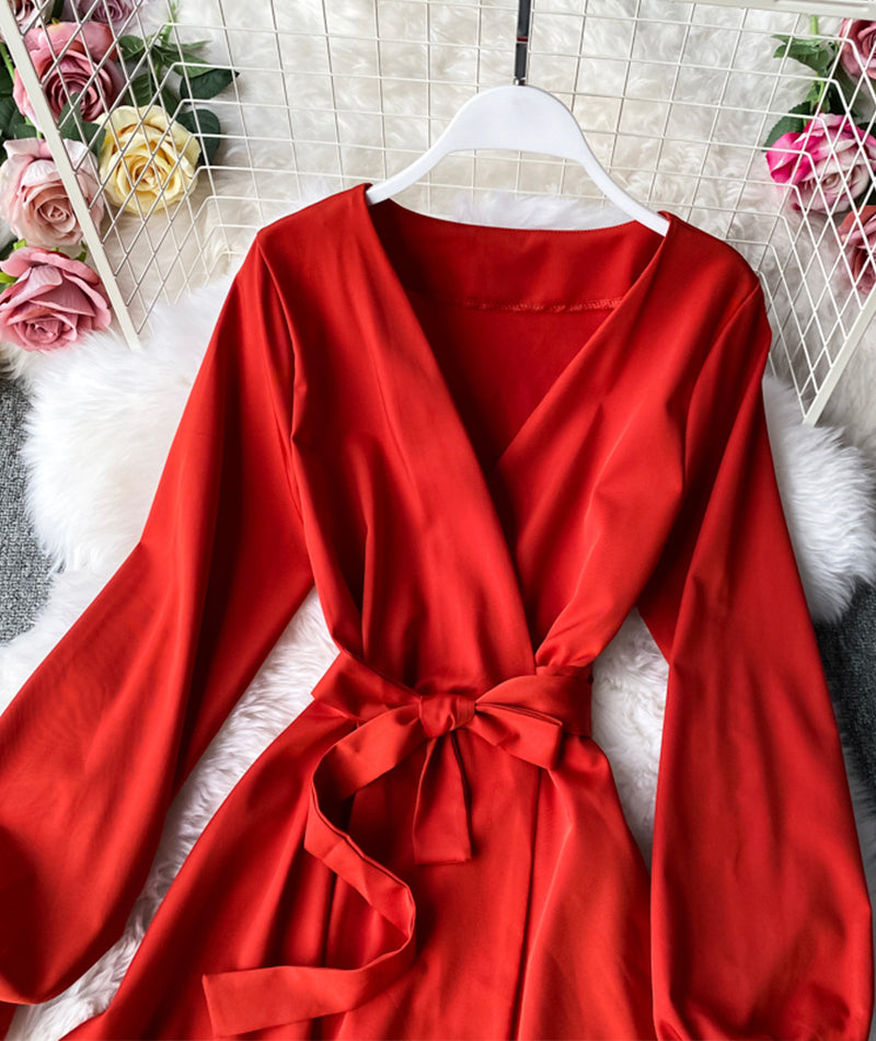 Simple v neck short dress long sleeve dress  956