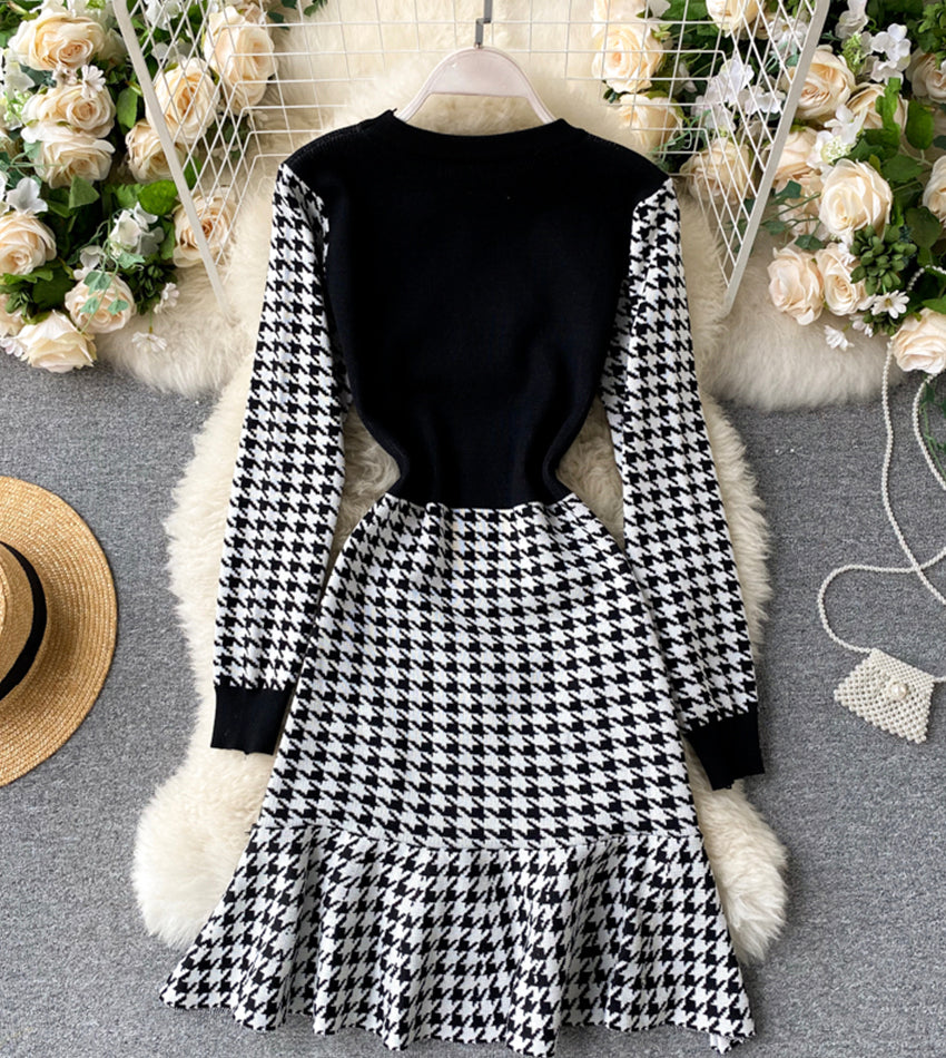 Fashionable stitching long sleeve dress  973