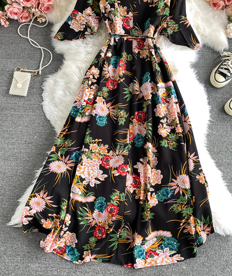 Black A line v neck floral dress  930