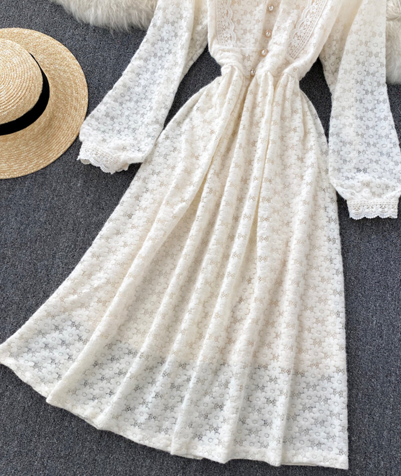 A line v neck lace long sleeve dress  925