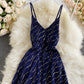 Black v neck sequins short dress  960