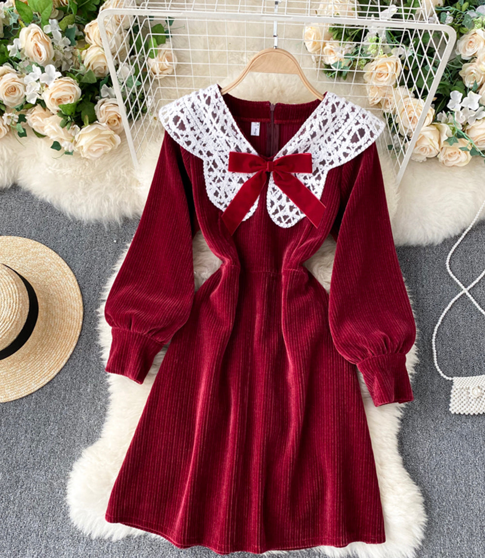 Lovely A line corduroy dress long sleeve lace dress  922