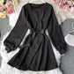 Simple v neck short dress long sleeve dress  956