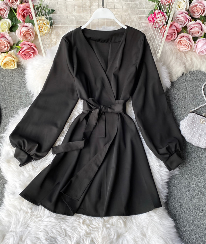 Simple v neck short dress long sleeve dress  956