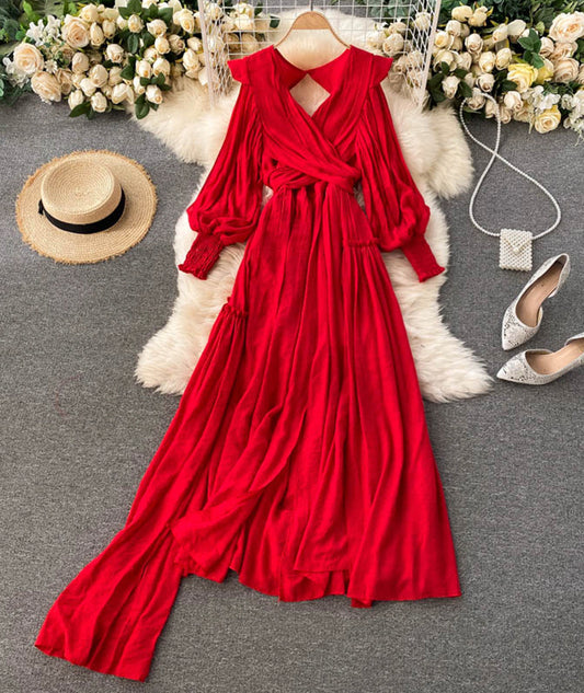 Red A line v neck open back dress long sleeve dress  942