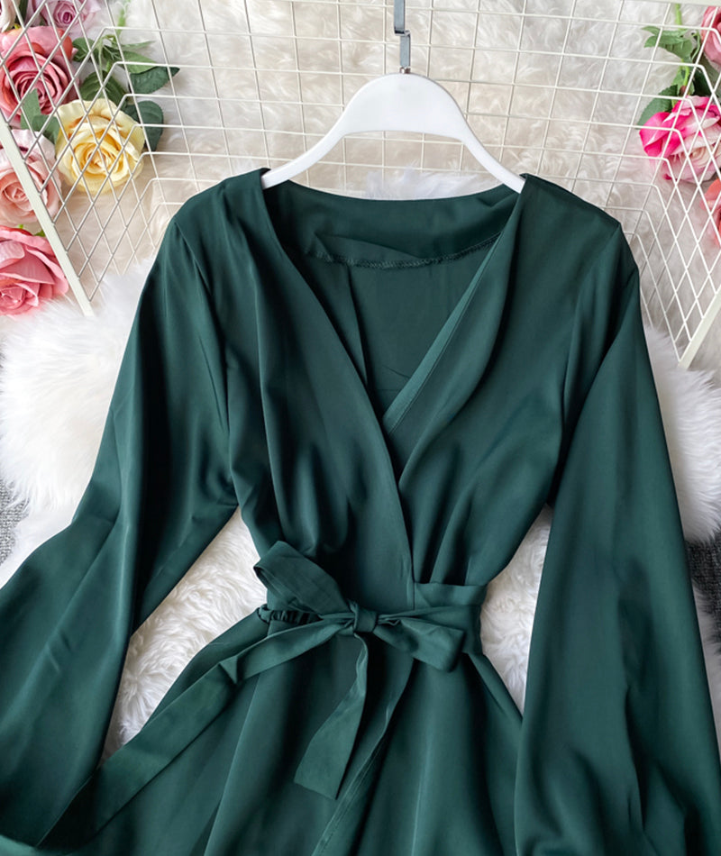 Simple v neck short dress long sleeve dress  956