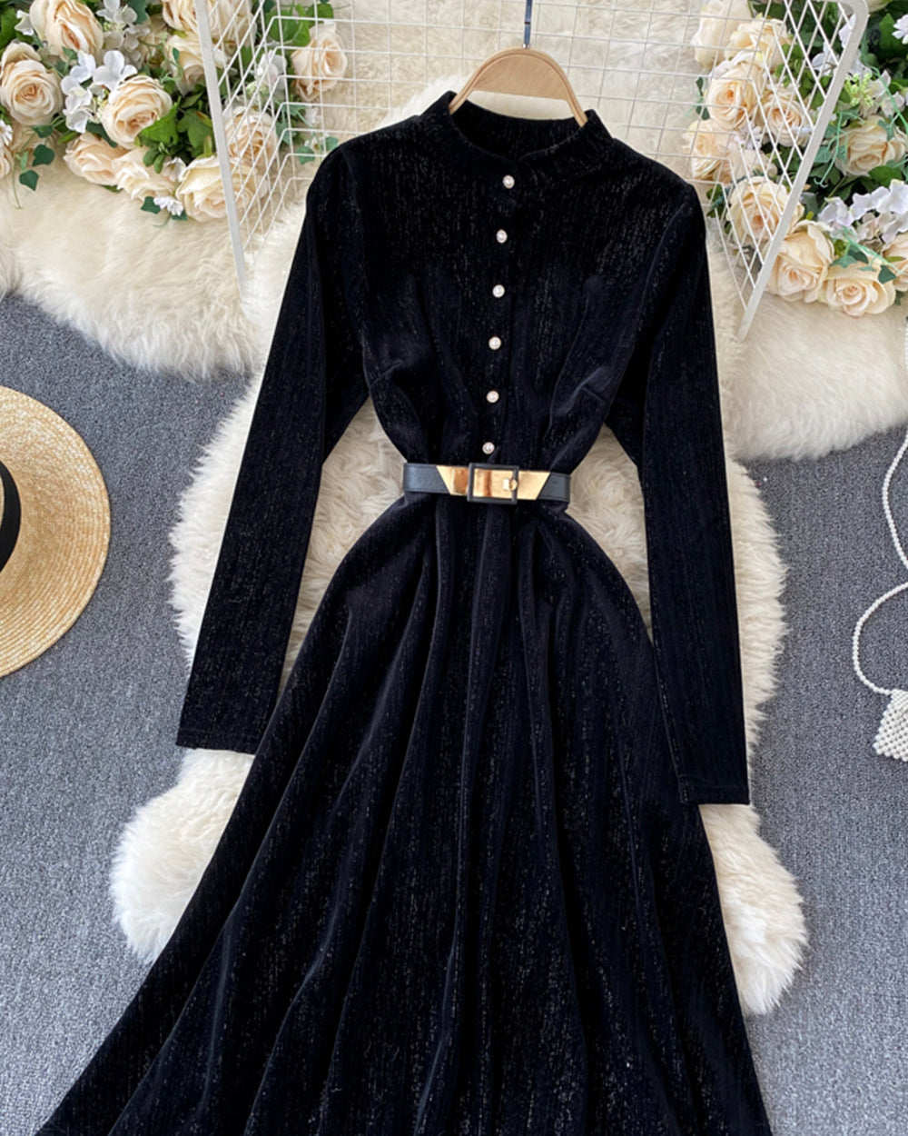 Elegant A line velvet dress long sleeve dress  923