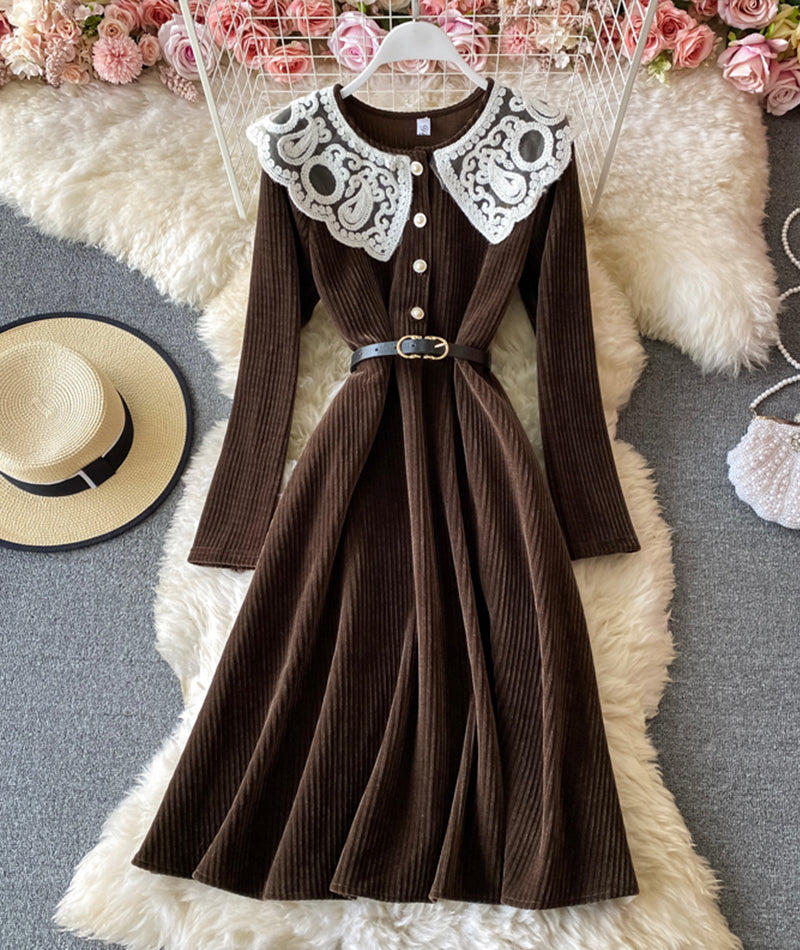 Lovely A line corduroy dress long sleeve lace dress  924