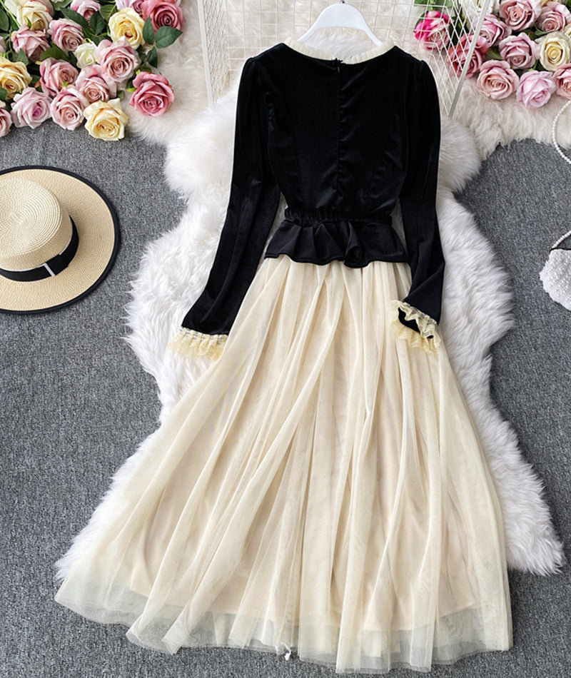 Retro A line velvet dress long sleeve dress  959