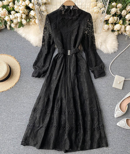 Elegant O-neck lace long sleeve dress  970