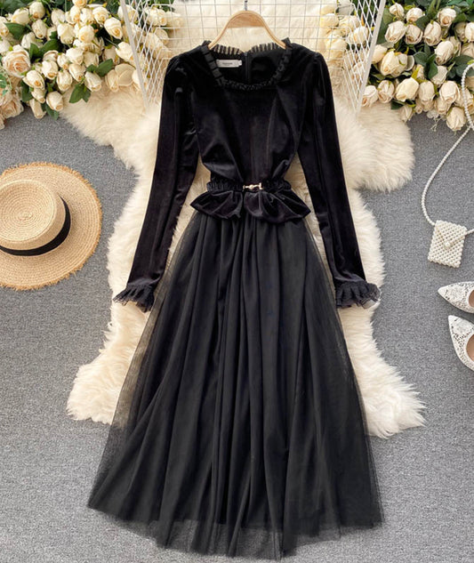 Robe rétro en velours à manches longues 959