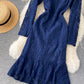 Blue round neck lace short dress long sleeve dress  955