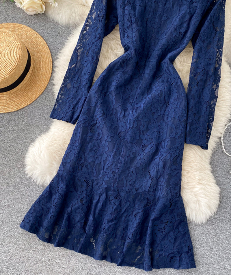 Blue round neck lace short dress long sleeve dress  955