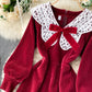 Lovely A line corduroy dress long sleeve lace dress  922