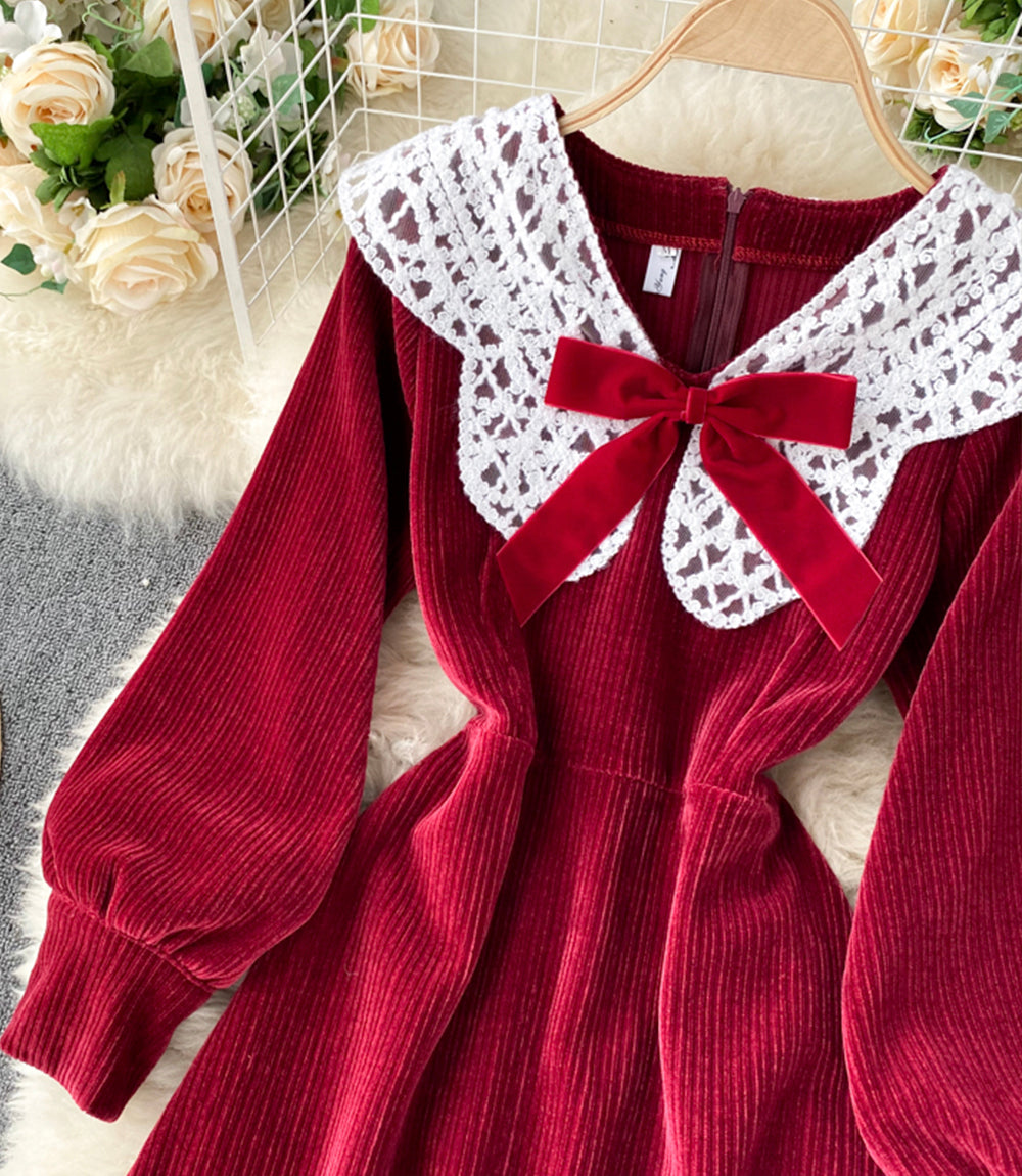 Lovely A line corduroy dress long sleeve lace dress  922