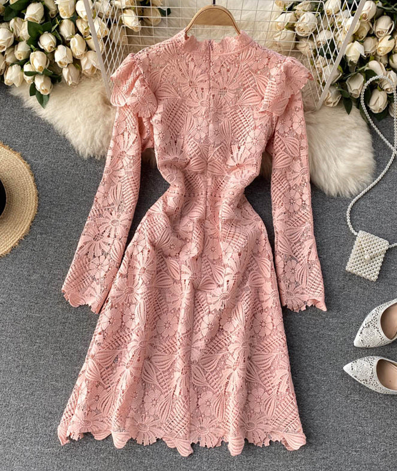 A line cutout lace dress long sleeve dress  920