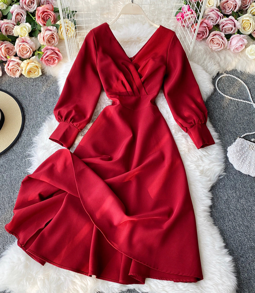 Simple A line v neck dress long sleeve dress  916