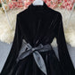 Schwarzes Samt-Langarmkleid Partykleid 890