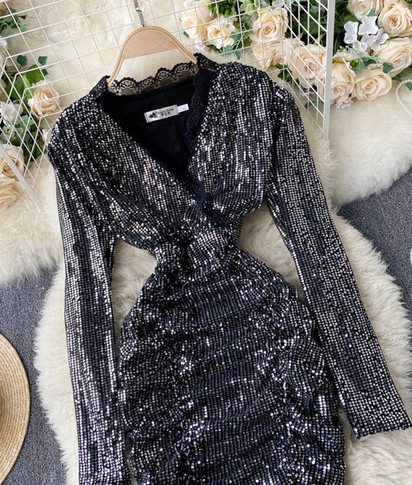 Stylish v neck sequins short dress party dress  906