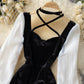 Black velvet and white dress long sleeve dress  905