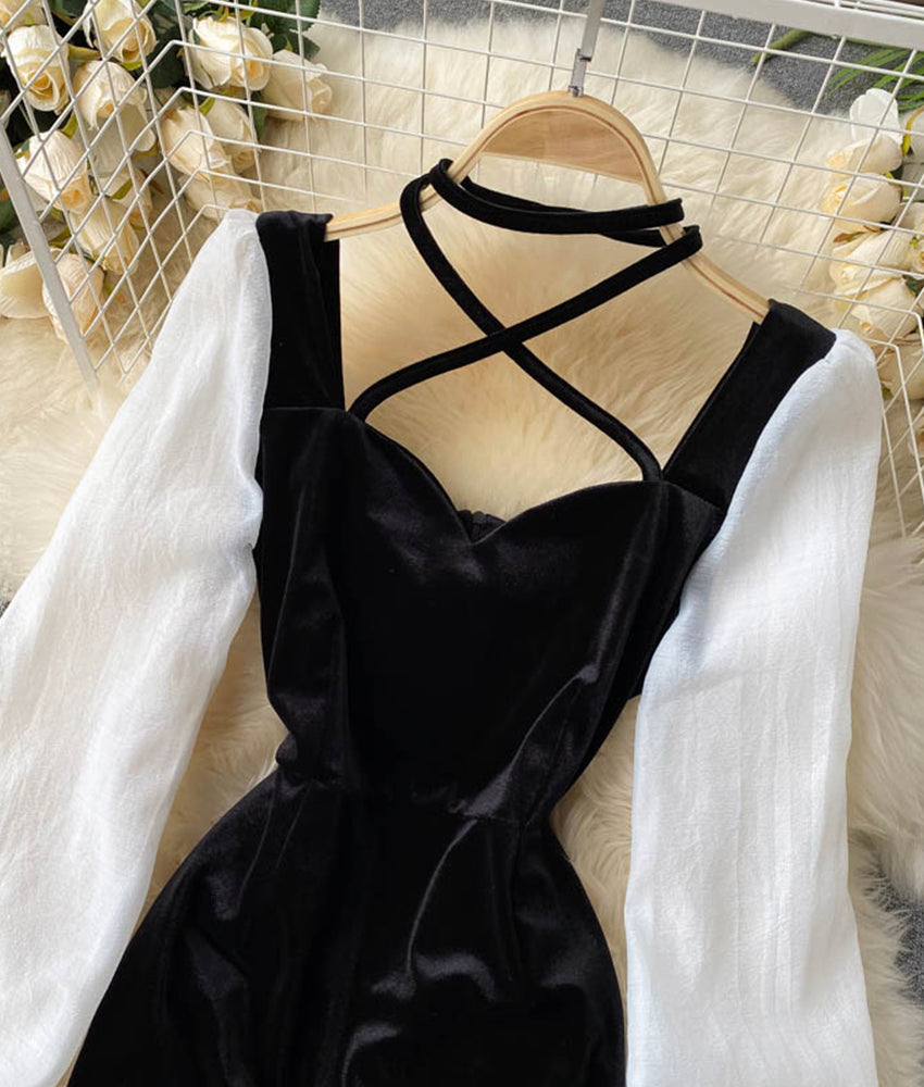 Black velvet and white dress long sleeve dress  905