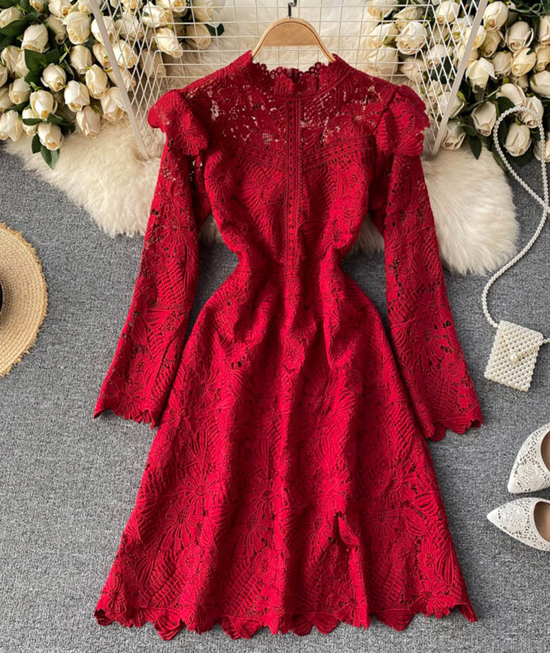 A line cutout lace dress long sleeve dress  920