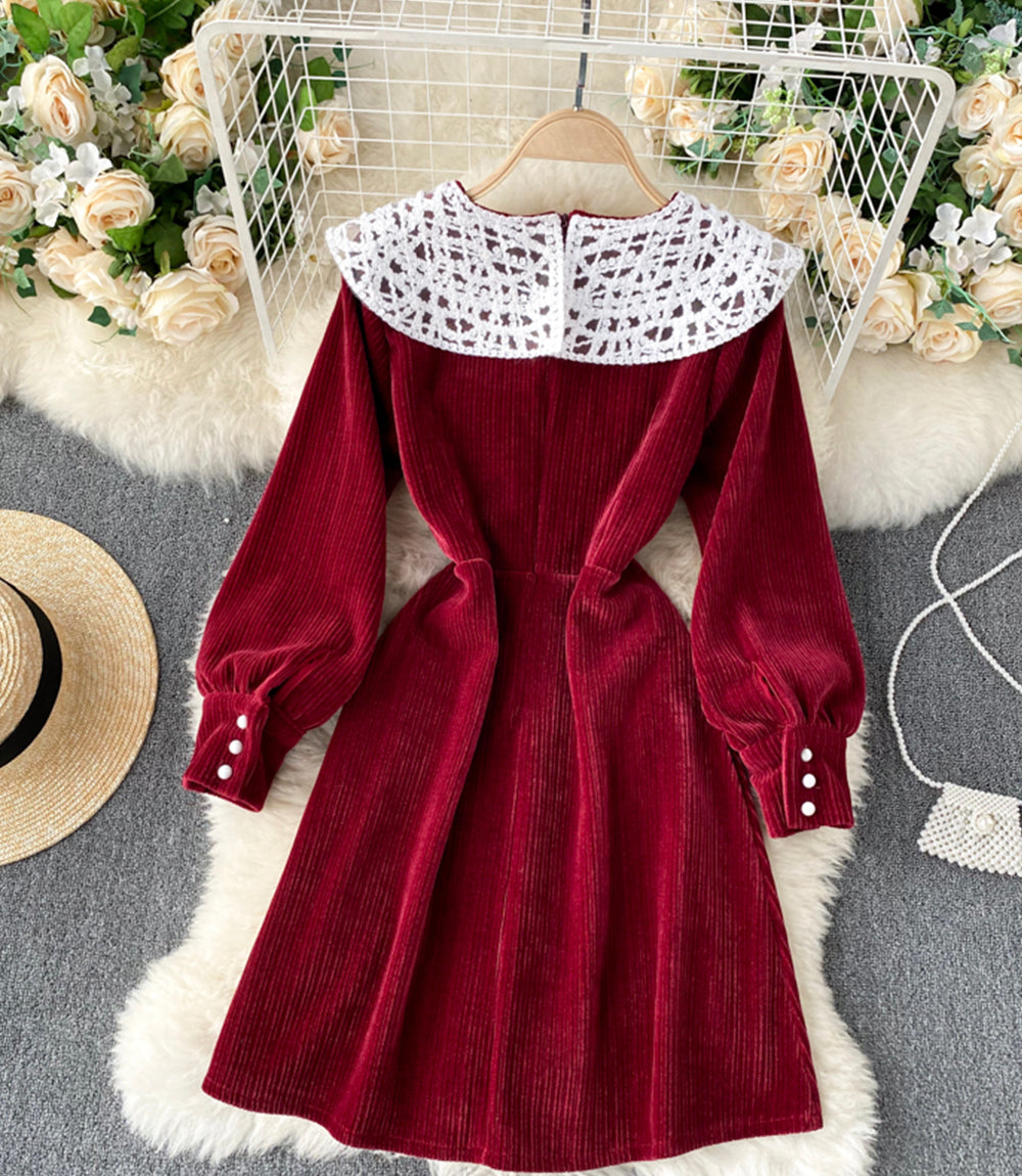 Lovely A line corduroy dress long sleeve lace dress  922