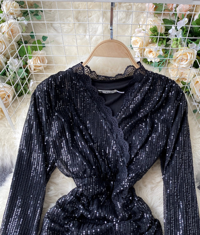 Stylish v neck sequins short dress party dress  906