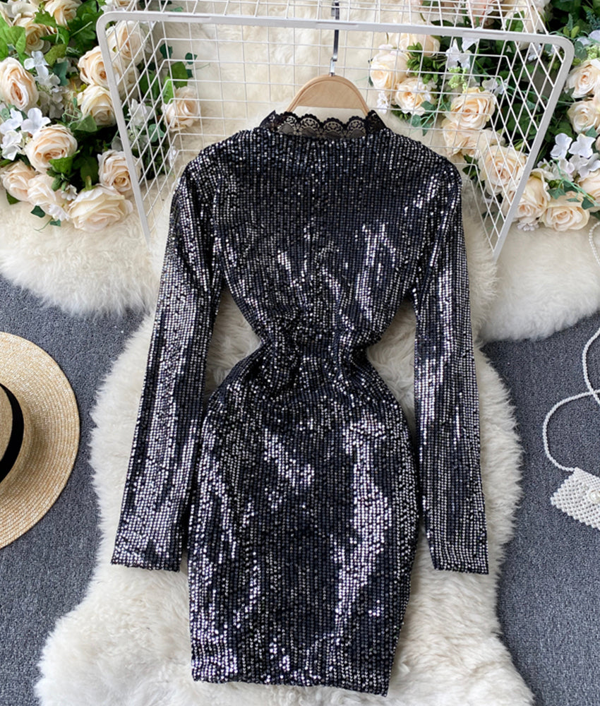 Stylish v neck sequins short dress party dress  906