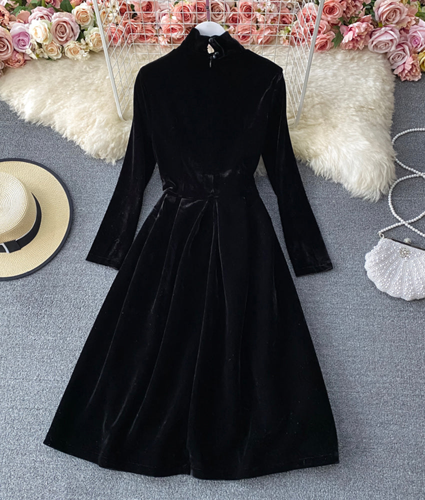 Schwarzes Samt-Langarmkleid Partykleid 890