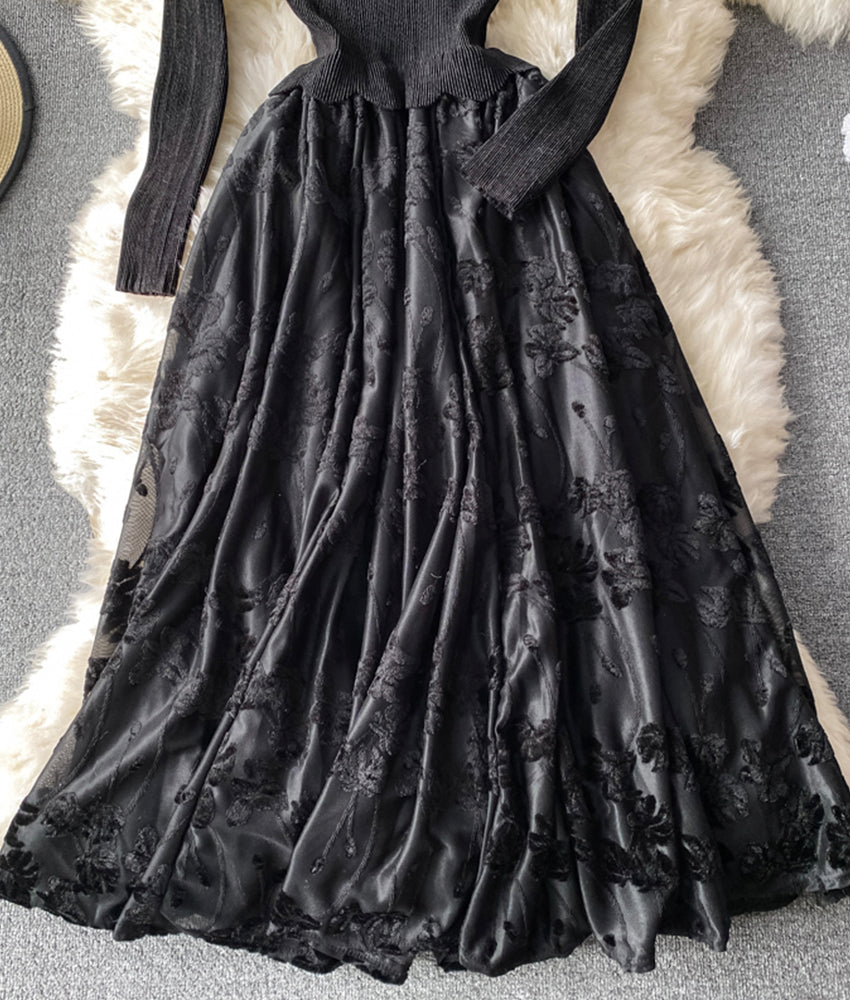 Robe trapèze élégante en patchwork à manches longues 898
