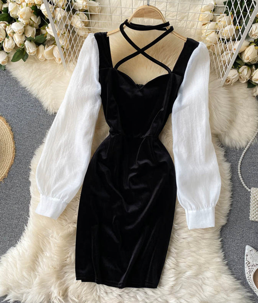 Black velvet and white dress long sleeve dress  905