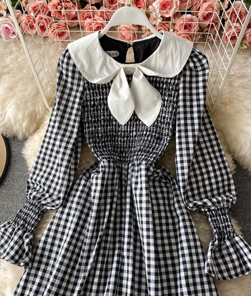 Süßes A-Linie kurzes Kleid schwarz-weiß kariertes Kleid 877