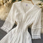 White A line lace dress v neck dress  871