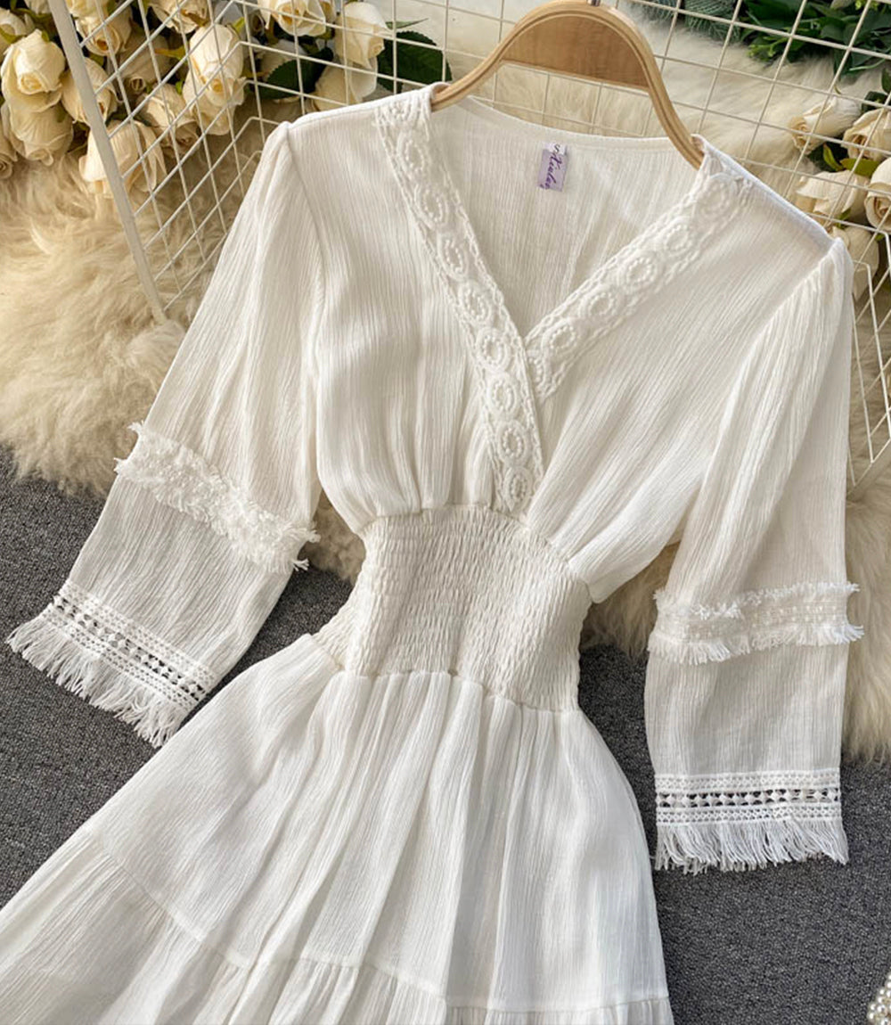 White A line lace dress v neck dress  871