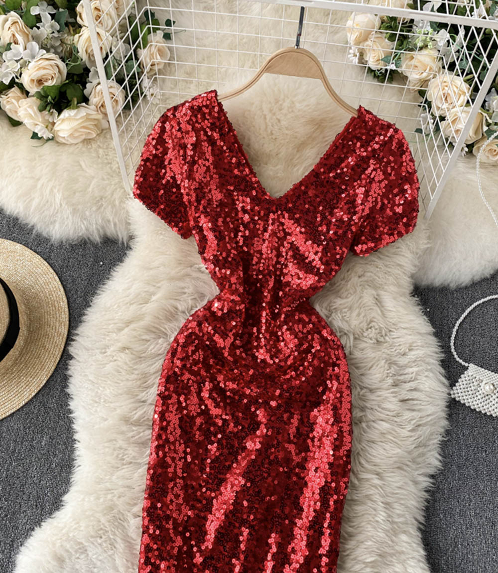 Shiny v neck sequins short dress party dress  860