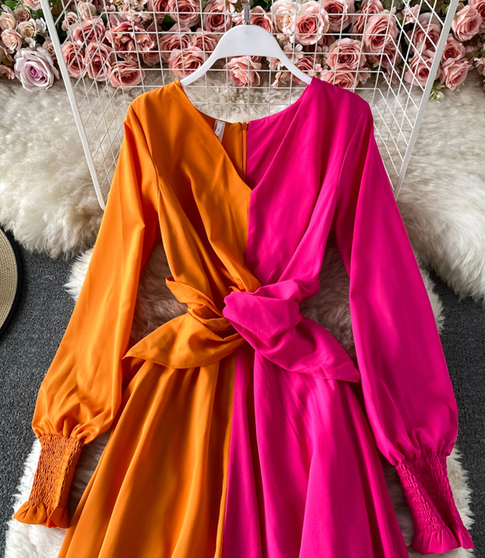 Unique color-blocking long-sleeved dress  869
