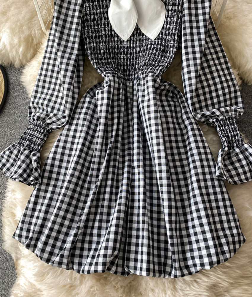 Süßes A-Linie kurzes Kleid schwarz-weiß kariertes Kleid 877