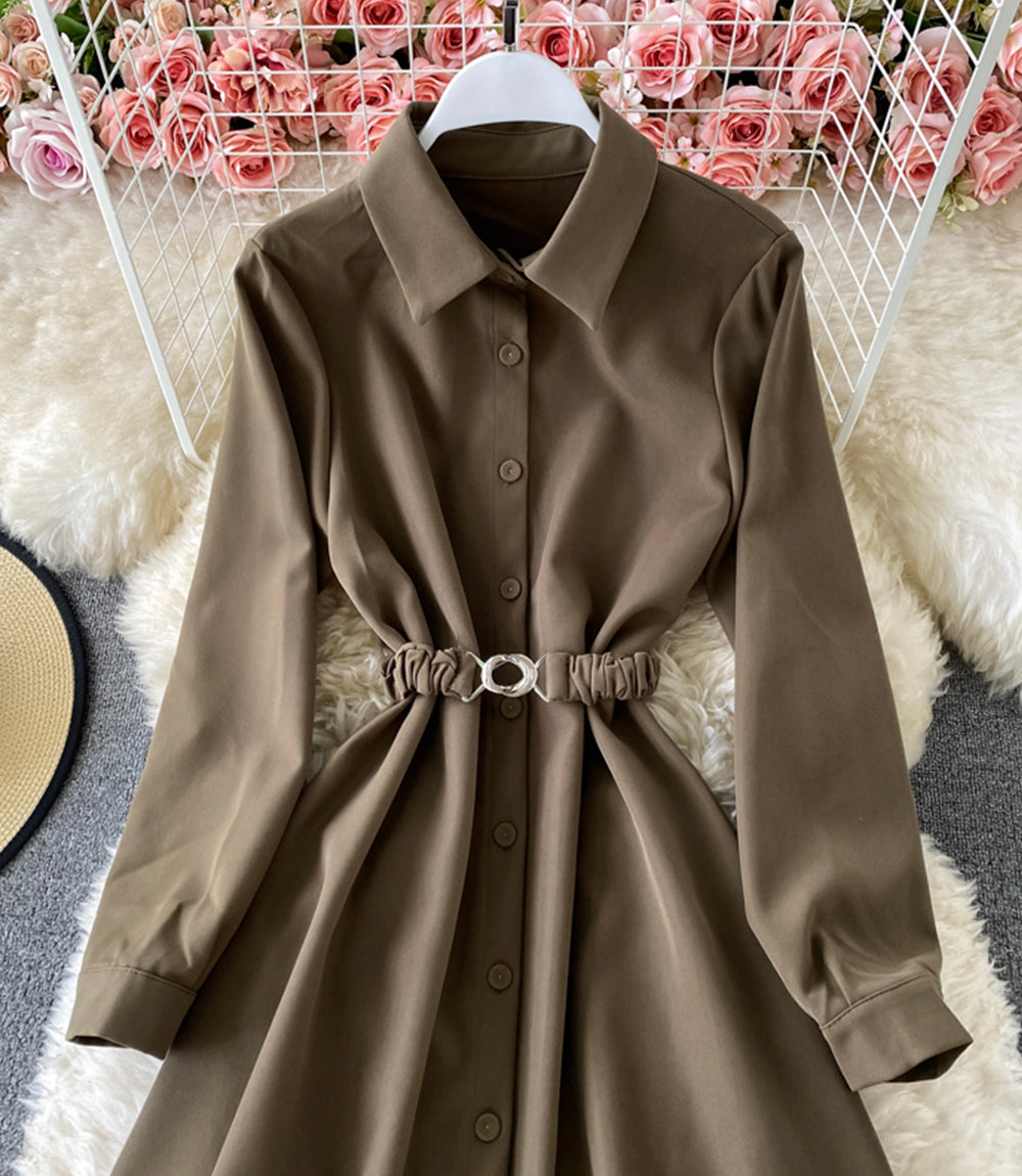 Simple A line long sleeve shirt dress  874