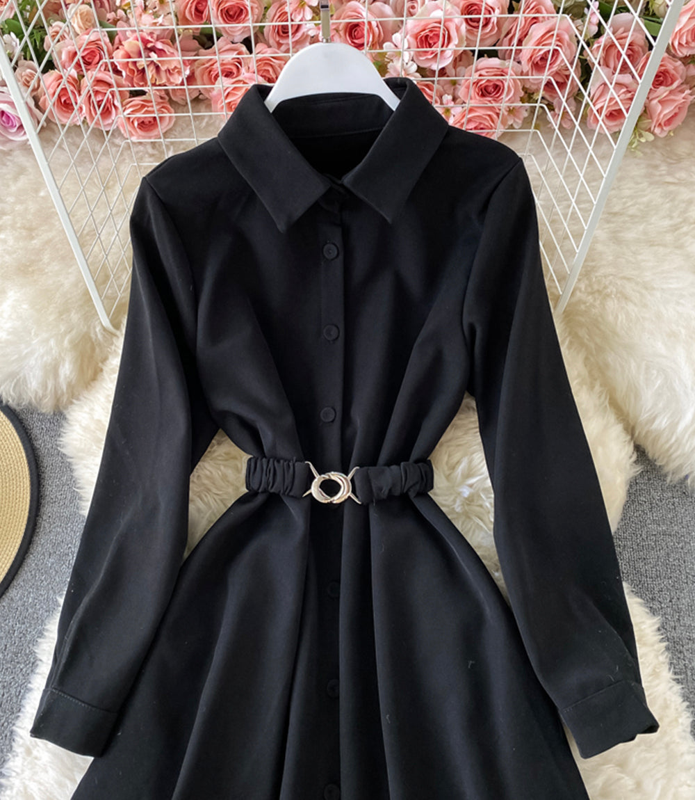 Simple A line long sleeve shirt dress  874
